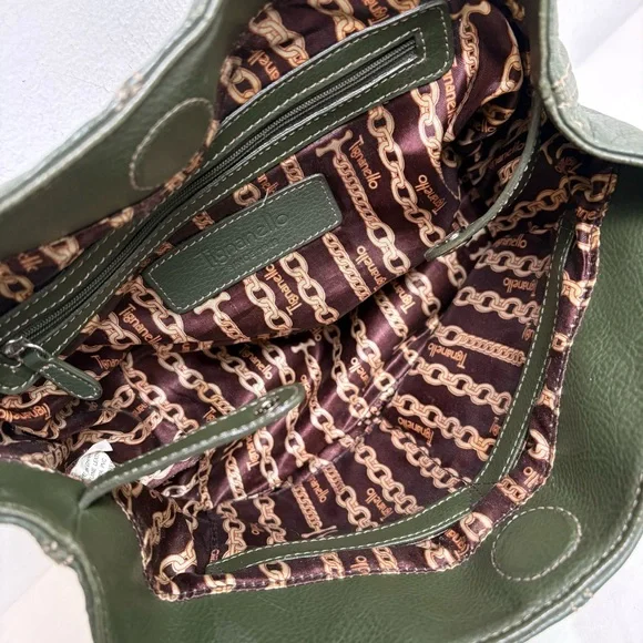 TIGNANELLO Dark Green Leather Satchel Silver Buckles Y2K - Picture 14 of 16